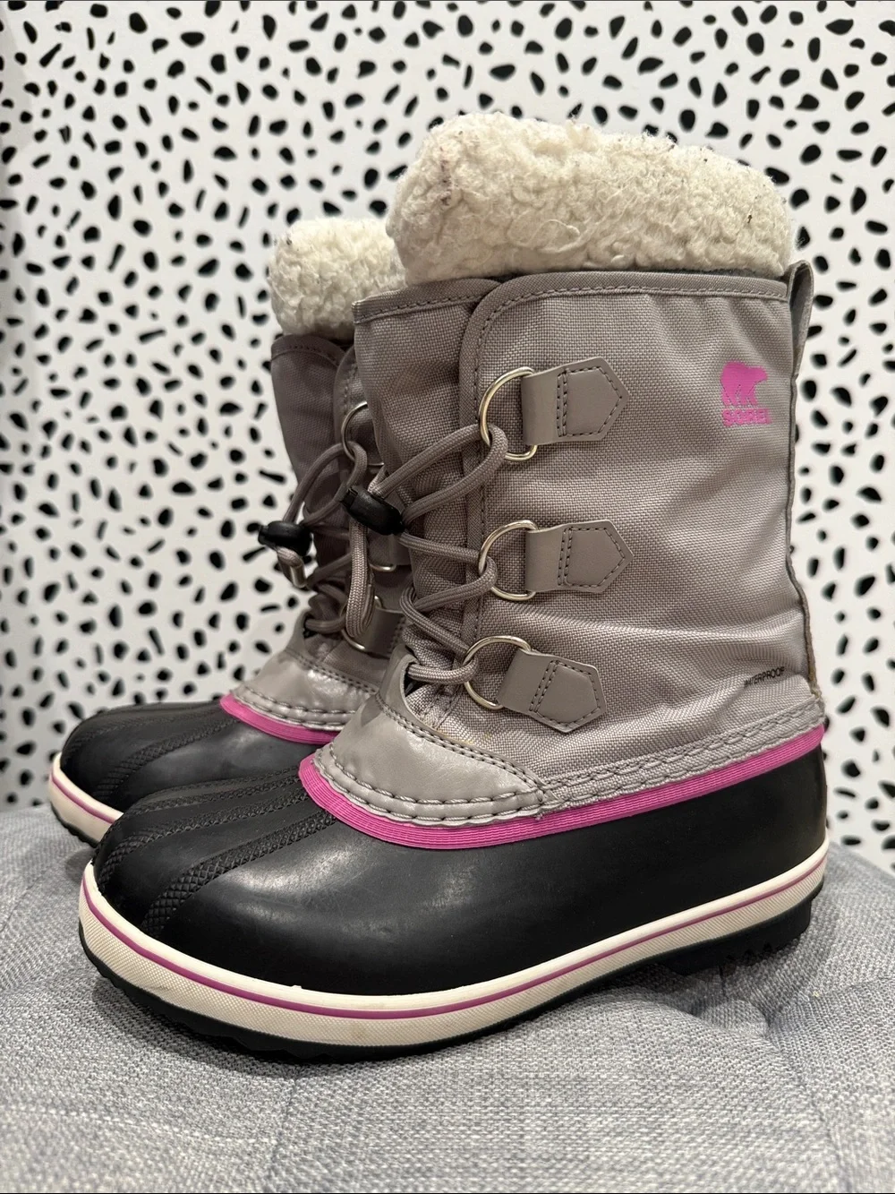 Sorel Kids Nylon Yoot PAC Waterproof Grey Pink Winter Sherpa Duck Boots Size 3